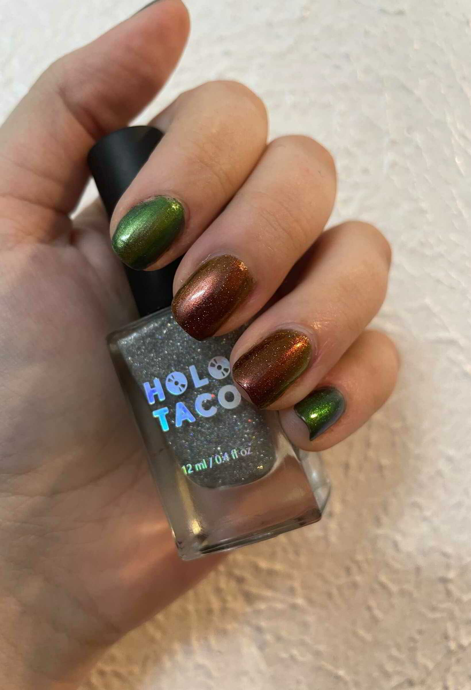 Nail polish manicure of shade Holo Taco Chameleon Coat, Holo Taco Tax Haven