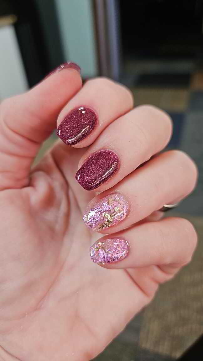 Nail polish manicure of shade Sparkle and Co. Velvet Crush, Sparkle and Co. I Can Buy Myself Flowers, 