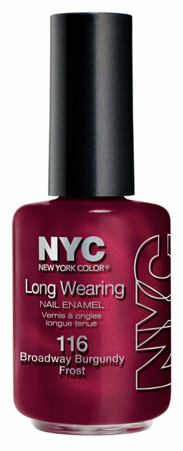 Nail polish swatch / manicure of shade NYC Broadway Burgundy Frost