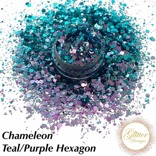 Nail polish swatch / manicure of shade Glitter Boutique Canada Teal-Purple Hexagon